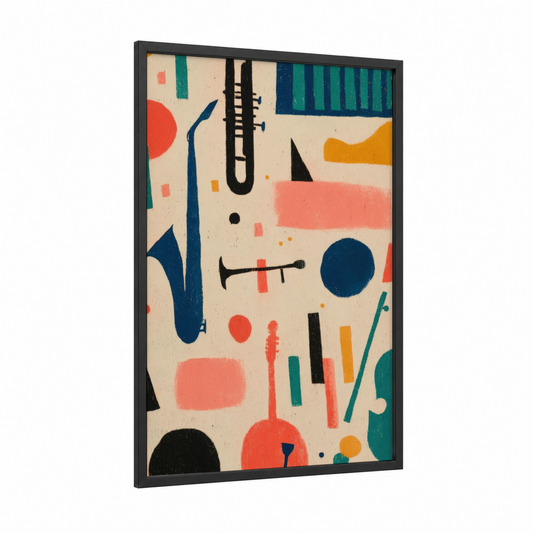 Abstract Jazz framed art print — black wood frame — cream and blue and gold palette