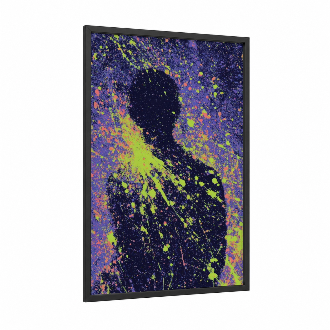 Neon Silhouette Art framed body art print — black wood frame — purple and lime green palette