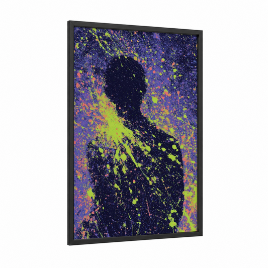 Neon Silhouette Art framed body art print — black wood frame — purple and lime green palette