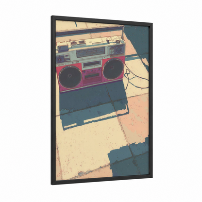 Retro Pink Boombox framed art print — black wood frame — magenta and teal palette
