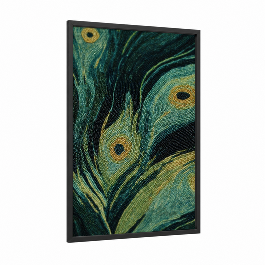 Peacock Feathers Beadwork framed art print — black wood frame — teal and gold palette