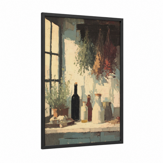 Sunlit Winery framed wineries and cellars print — black wood frame — cream and russet palette
