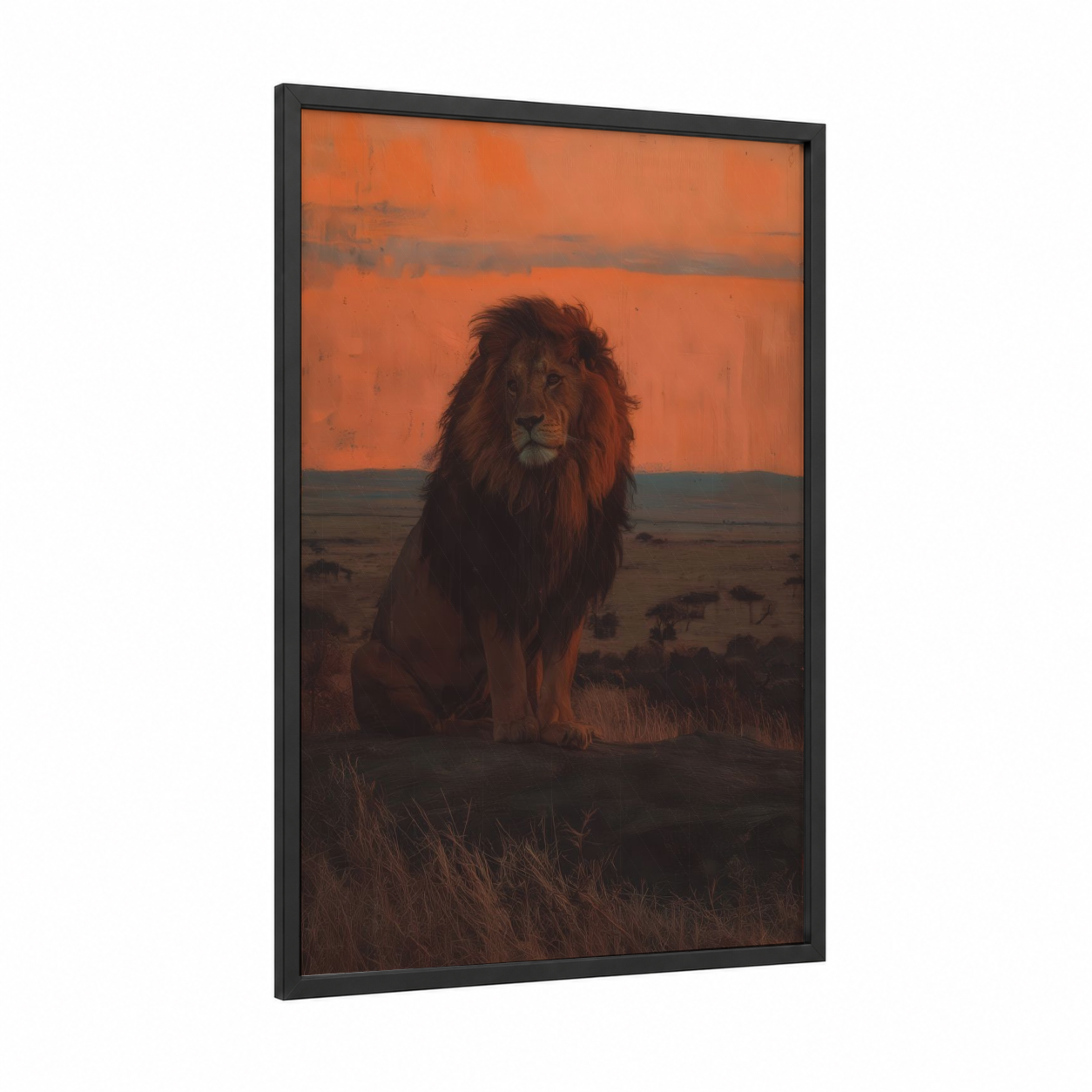 Golden Sunset Lion framed art print — black wood frame — orange and brown palette
