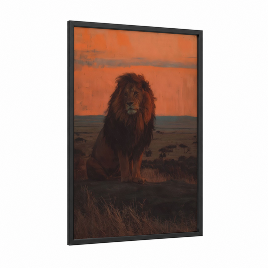 Golden Sunset Lion framed art print — black wood frame — orange and brown palette