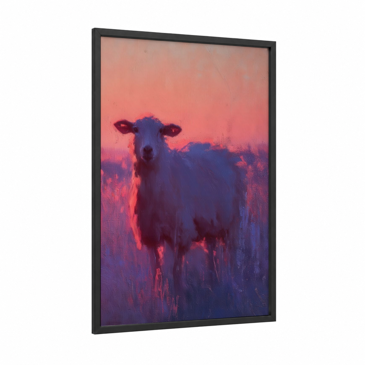 Crimson Sheep Glow framed art print — black wood frame — salmon pink and purple palette