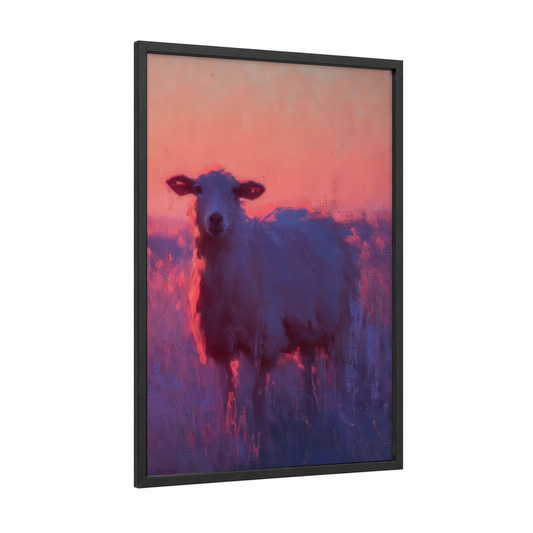 Crimson Sheep Glow framed art print — black wood frame — salmon pink and purple palette