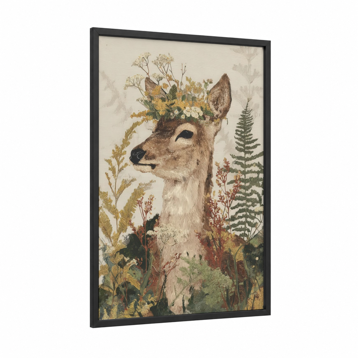 Woodland Elk Crown framed art print — black wood frame — cream and sage green palette