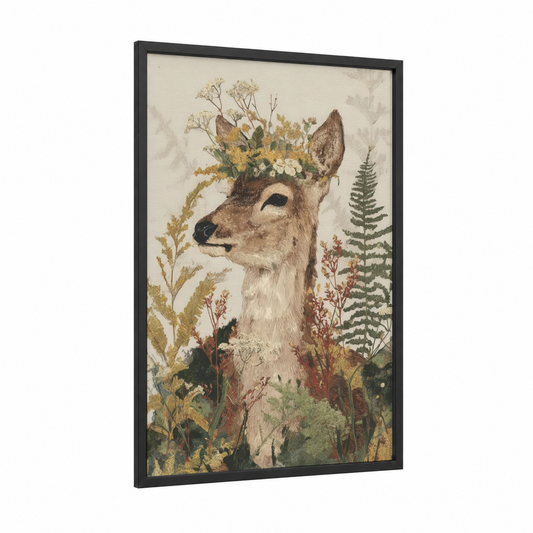 Woodland Elk Crown framed art print — black wood frame — cream and sage green palette