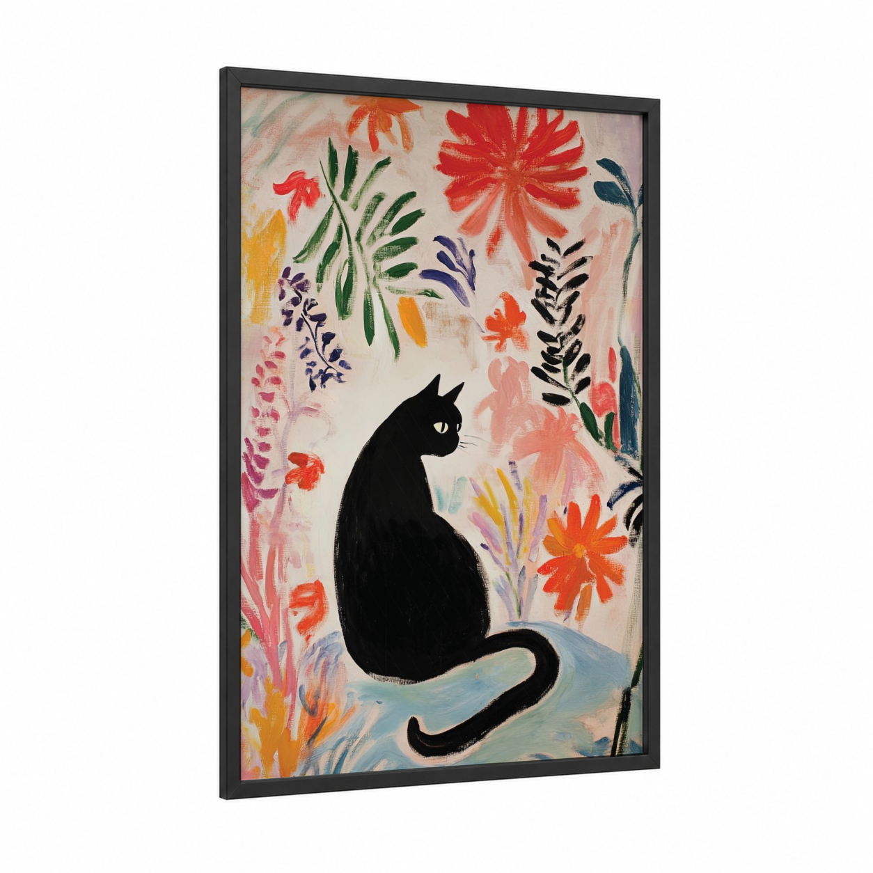 Garden Cat Silhouette framed art print — black wood frame — red and green palette