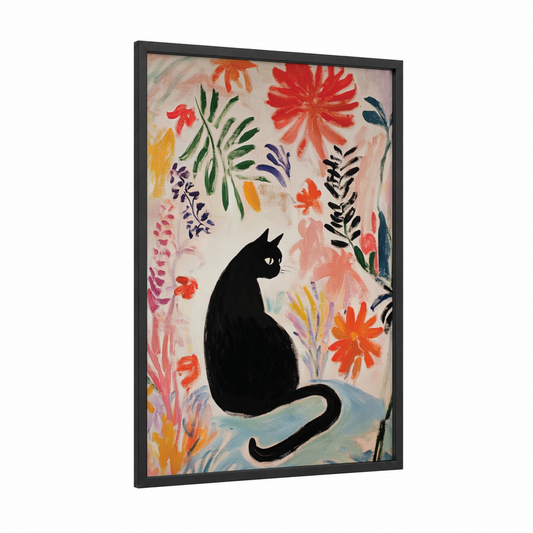 Garden Cat Silhouette framed art print — black wood frame — red and green palette