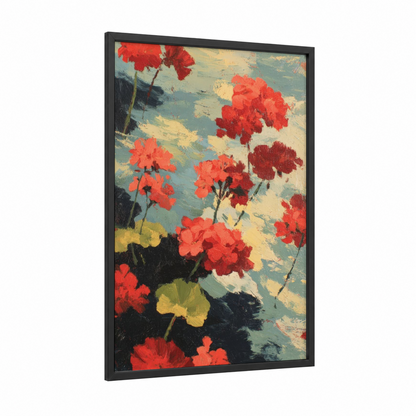 Crimson Geranium Garden framed art print — black wood frame — red and blue and yellow palette
