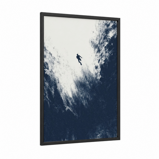 Underwater Explorer framed snorkeling print — black wood frame — blue and white and dark blue palette