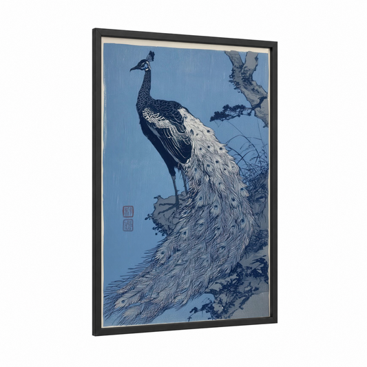 Azure Peacock framed art print — black wood frame — blue and black and white palette