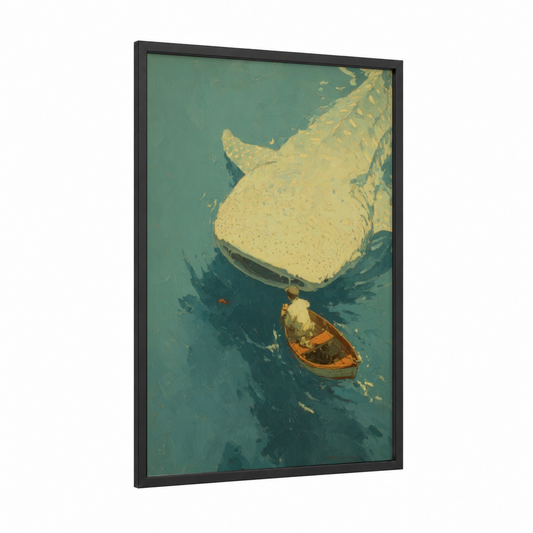 Gentle Giant Encounter framed whale shark print — black wood frame — teal and yellow gold palette