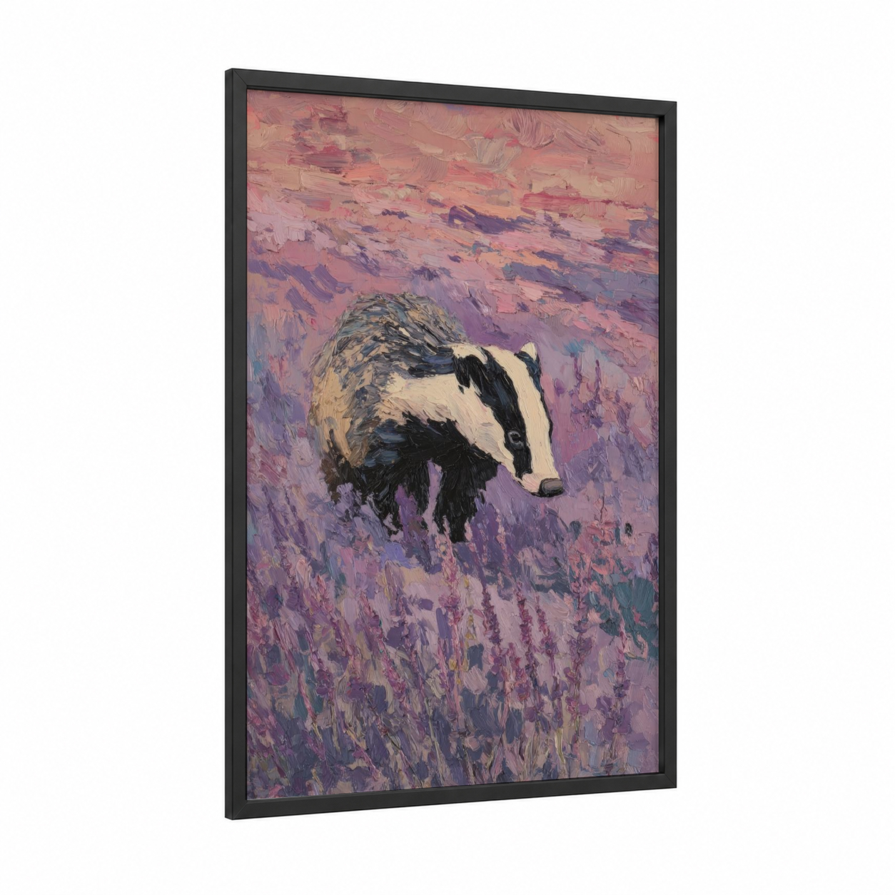 Lavender Badger framed art print — black wood frame — purple and rose gold palette