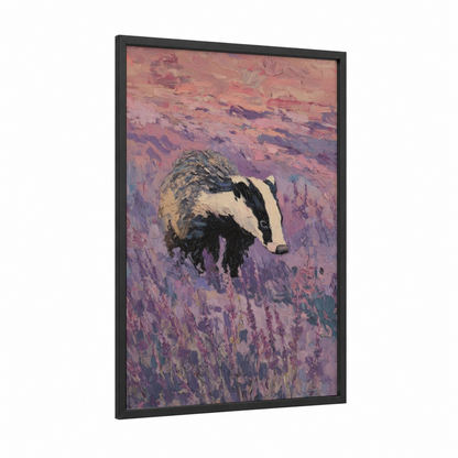 Lavender Badger framed art print — black wood frame — purple and rose gold palette