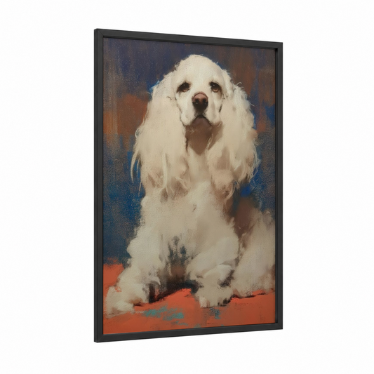 Contemplative Spaniel framed art print — black wood frame — white and brown palette