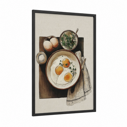 Morning Egg Plate framed breakfast print — black wood frame — cream and gold palette