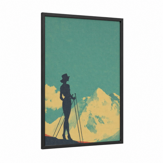 Mountain Skier framed skiing print — black wood frame — teal and yellow gold palette