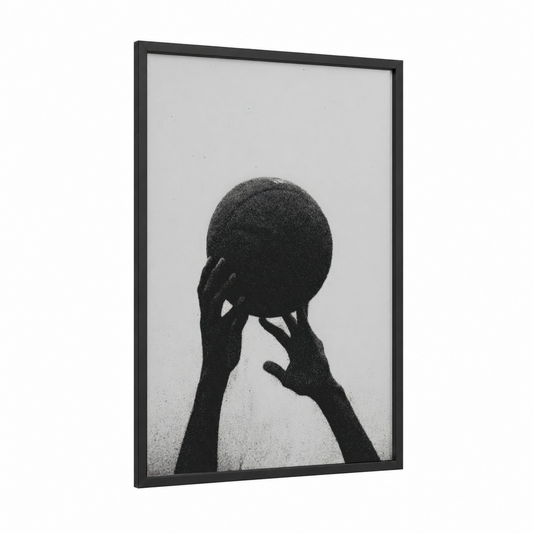 Silhouette Volleyball framed art print — black wood frame — black and white palette