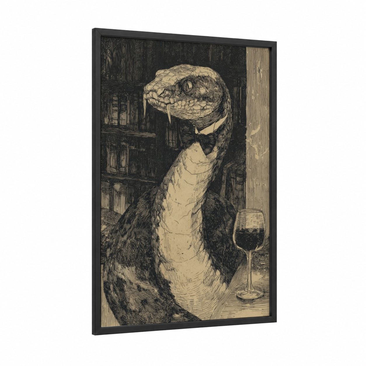 Dapper Boa framed boa constrictor print — black wood frame — black and white and cream palette