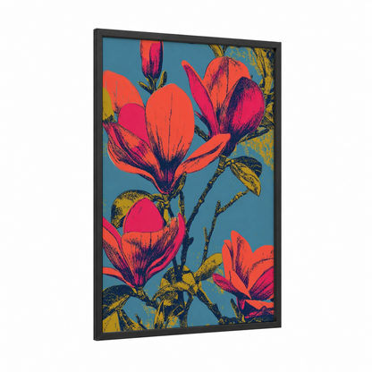Crimson Magnolia Blooms framed art print — black wood frame — red and teal palette