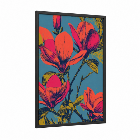 Crimson Magnolia Blooms framed art print — black wood frame — red and teal palette