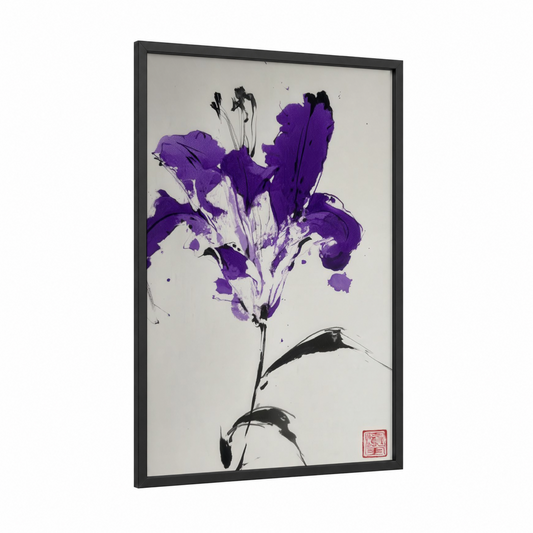 Purple Lily Bloom framed art print — black wood frame — purple and white palette