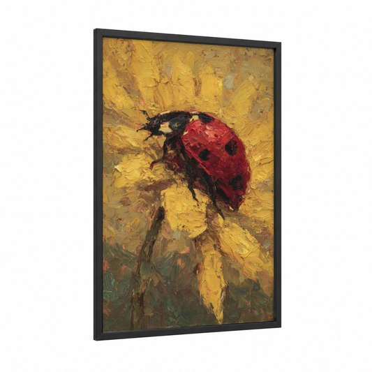 Golden Ladybug framed art print — black wood frame — yellow gold and red palette
