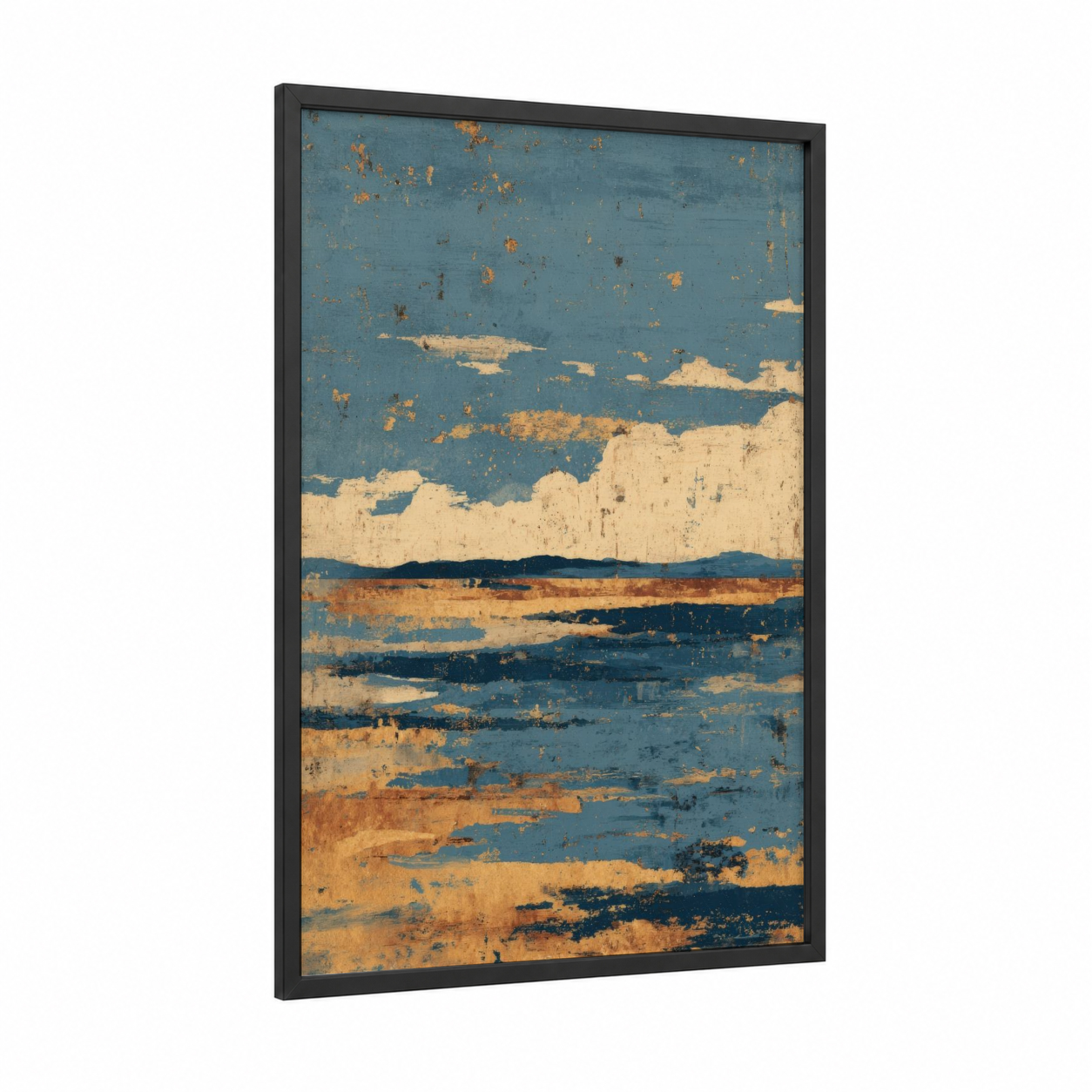 Golden Summer Horizon framed art print — black wood frame — gold and blue palette