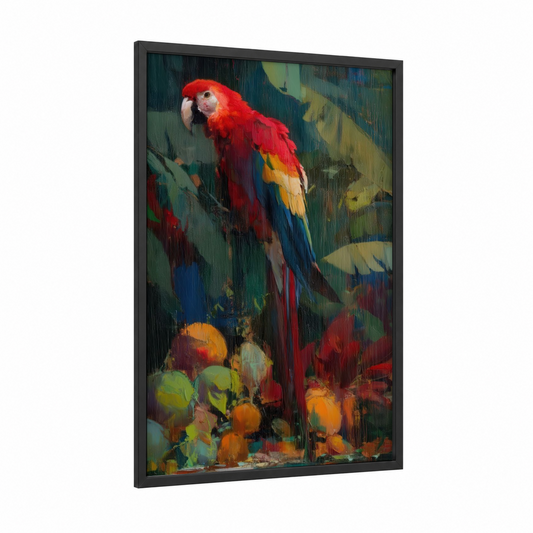 Crimson Macaw Perch framed art print — black wood frame — red and teal palette