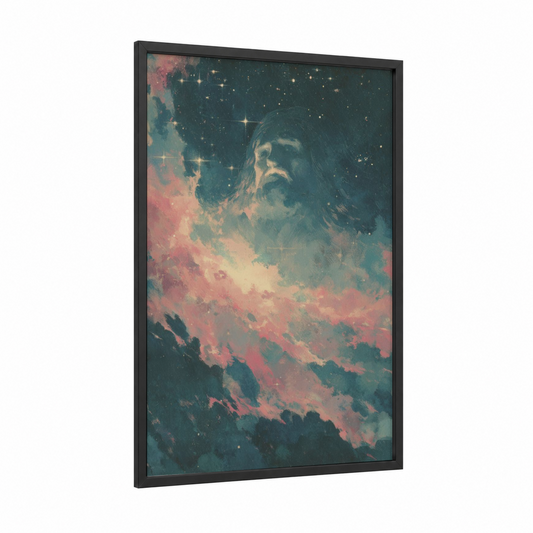 Celestial Savior framed jesus christ print — black wood frame — teal and salmon pink palette