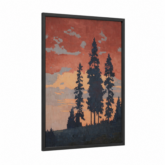 Crimson Cedar Sunset framed cedar forest print — black wood frame — russet and gold palette