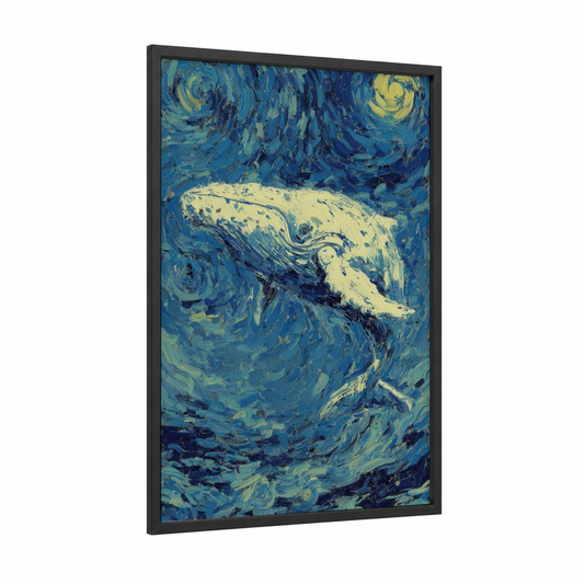 Nocturnal Whale framed sperm whale print — black wood frame — blue and yellow gold palette