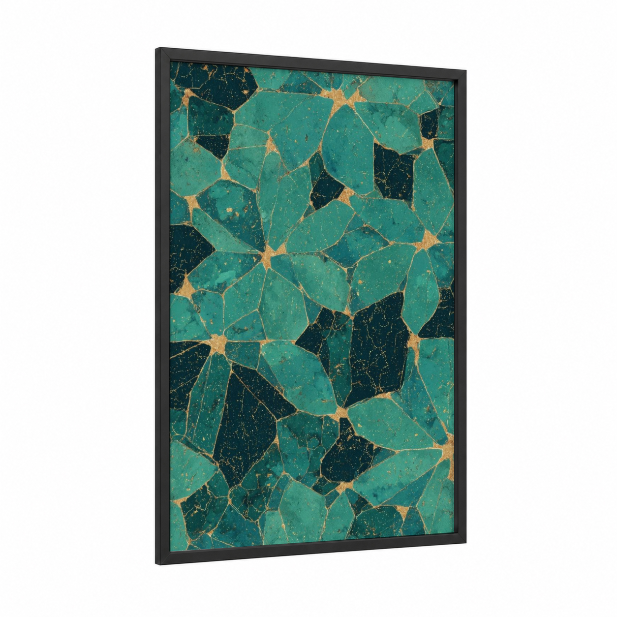 Geometric Islamic Pattern framed art print — black wood frame — teal and gold and teal palette