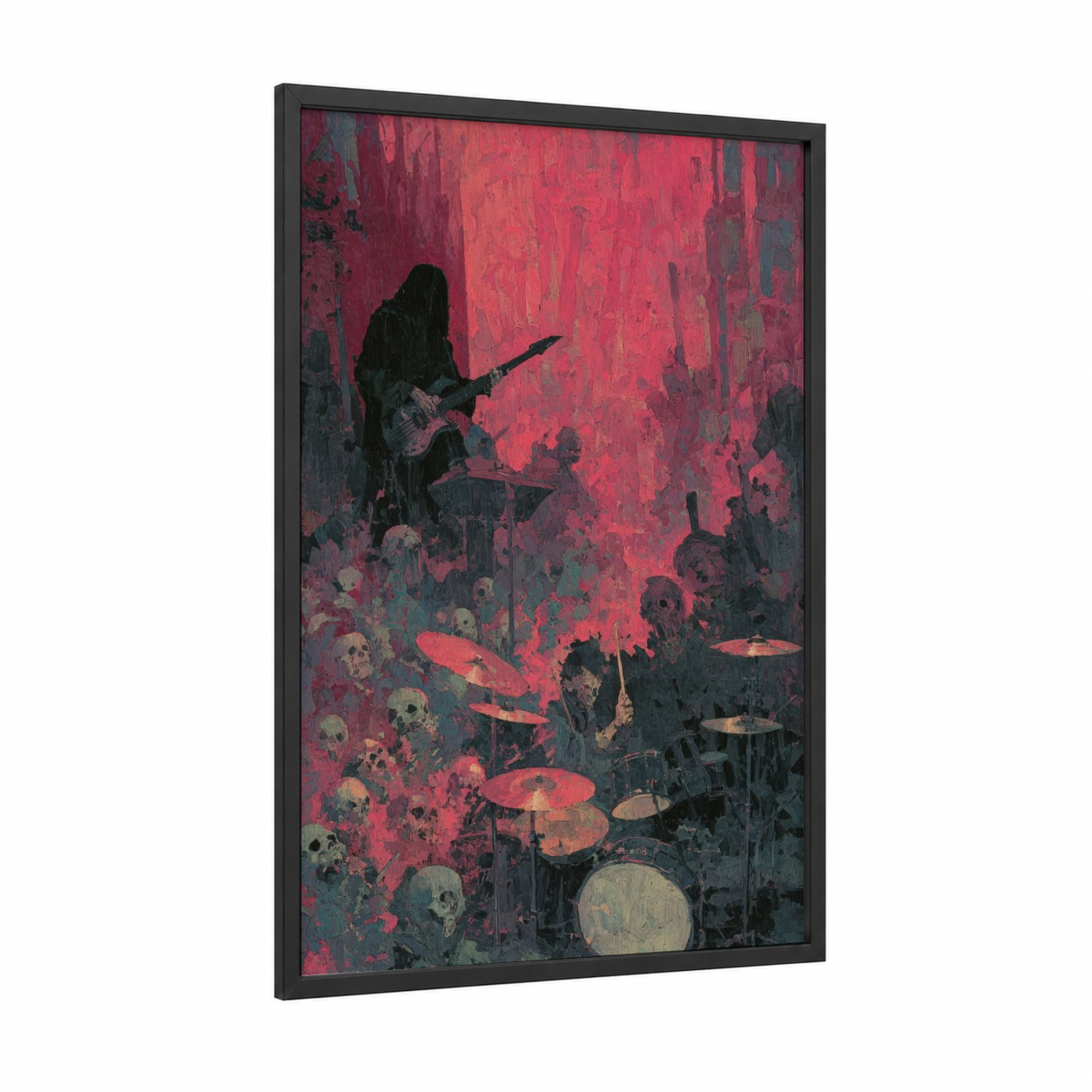 Crimson Uprising framed death metal print — black wood frame — red and black palette