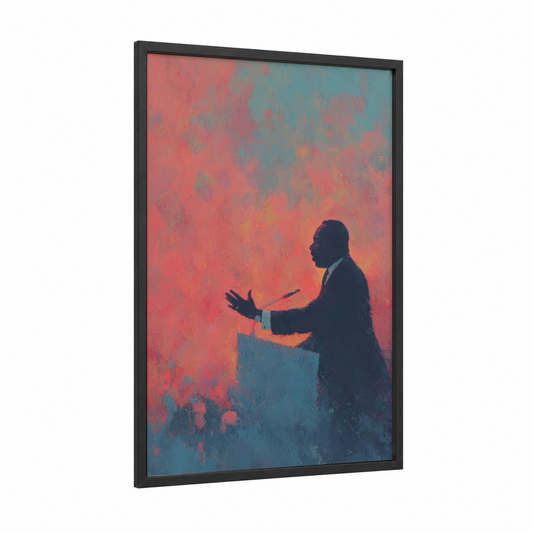 Resilient Orator framed martin luther king jr day print — black wood frame — salmon pink and teal palette