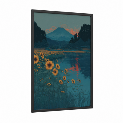 Mountain Sunflower framed art print — black wood frame — teal and gold palette