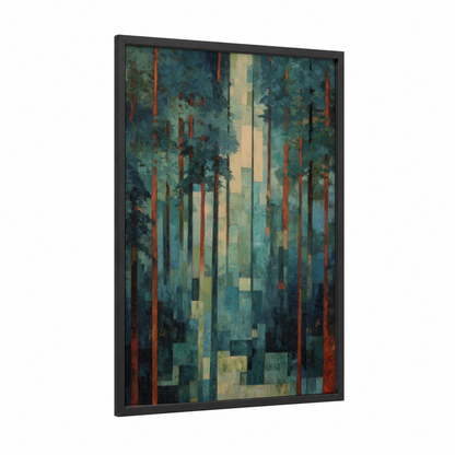 Crimson Redwood Forest framed redwood tree print — black wood frame — teal and russet palette