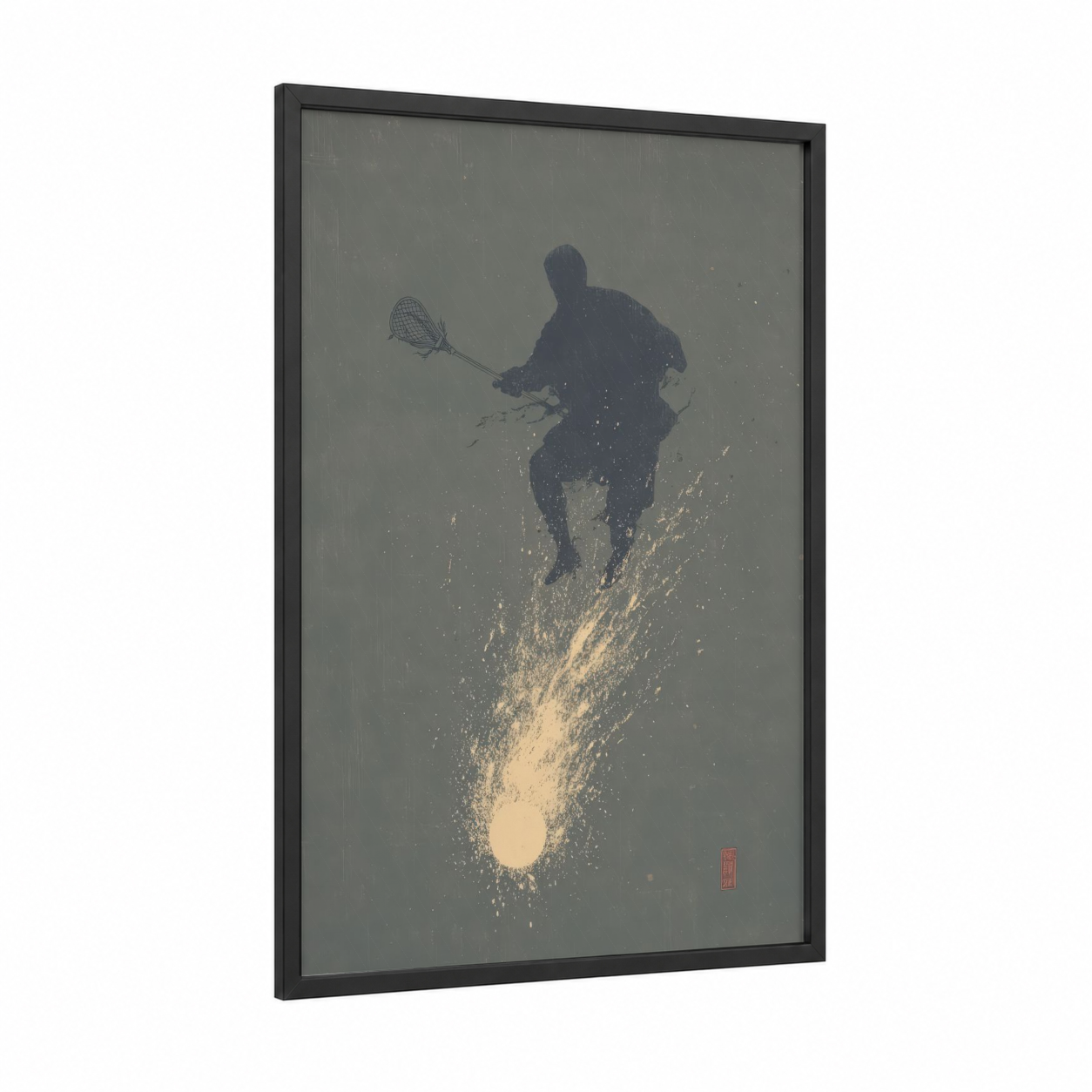 Dynamic Lacrosse framed art print — black wood frame — gray and gold palette