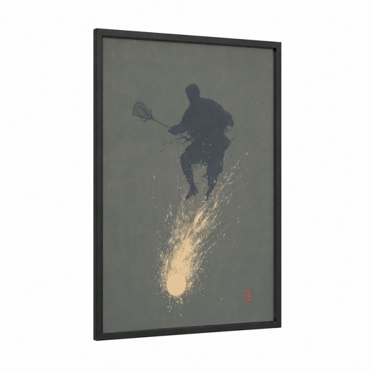 Dynamic Lacrosse framed art print — black wood frame — gray and gold palette