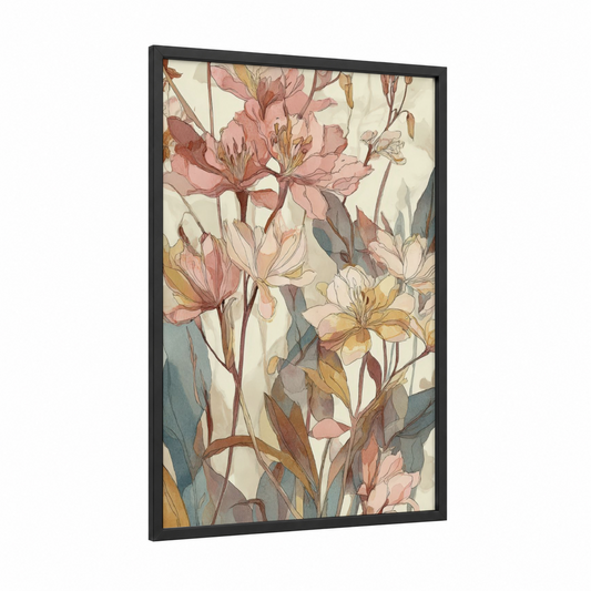 Soft Lily Garden framed art print — black wood frame — peach and sage green palette