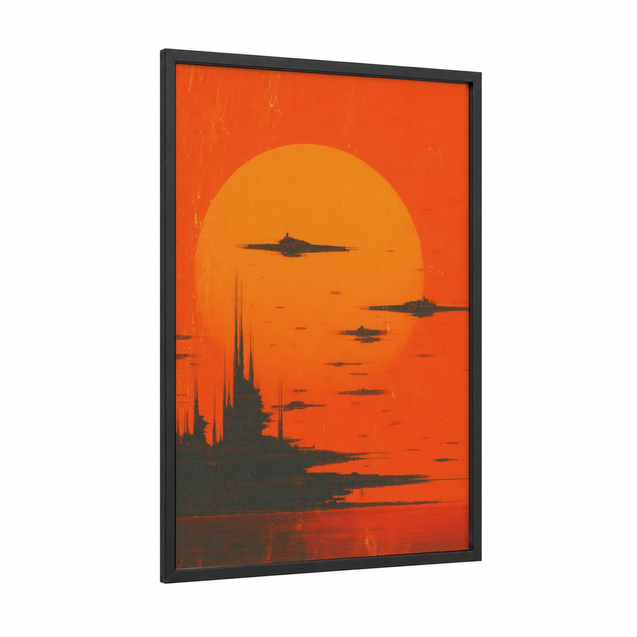 Alien Invasion Sunset framed extraterrestrial print — black wood frame — orange and black palette