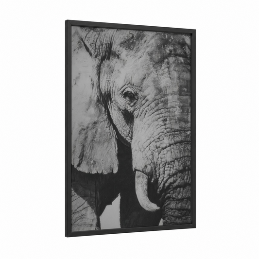 Tusked Elephant Portrait framed savanna elephant print — black wood frame — black and white palette
