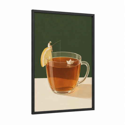 Whimsical Tea Fishing Surreal Wall Art framed art print — black wood frame — olive and orange palette