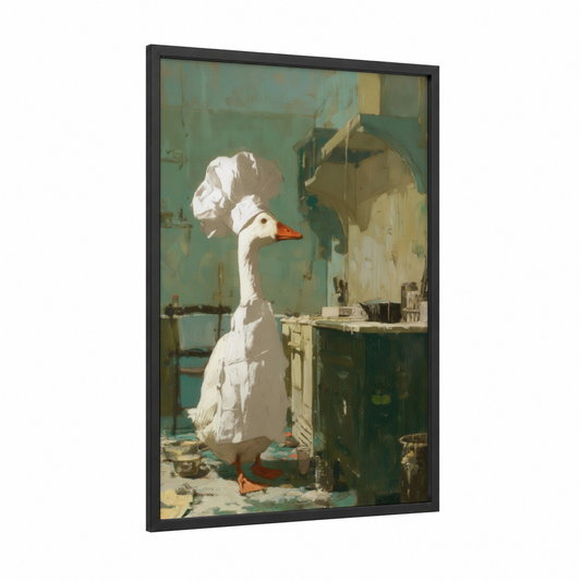 Curious Goose Studio framed geese print — black wood frame — teal and gold palette