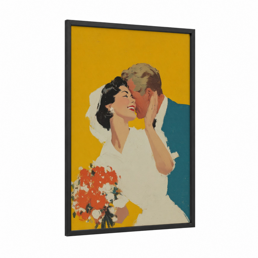 Retro Romance Kiss framed groom and bride print — black wood frame — yellow gold and red palette