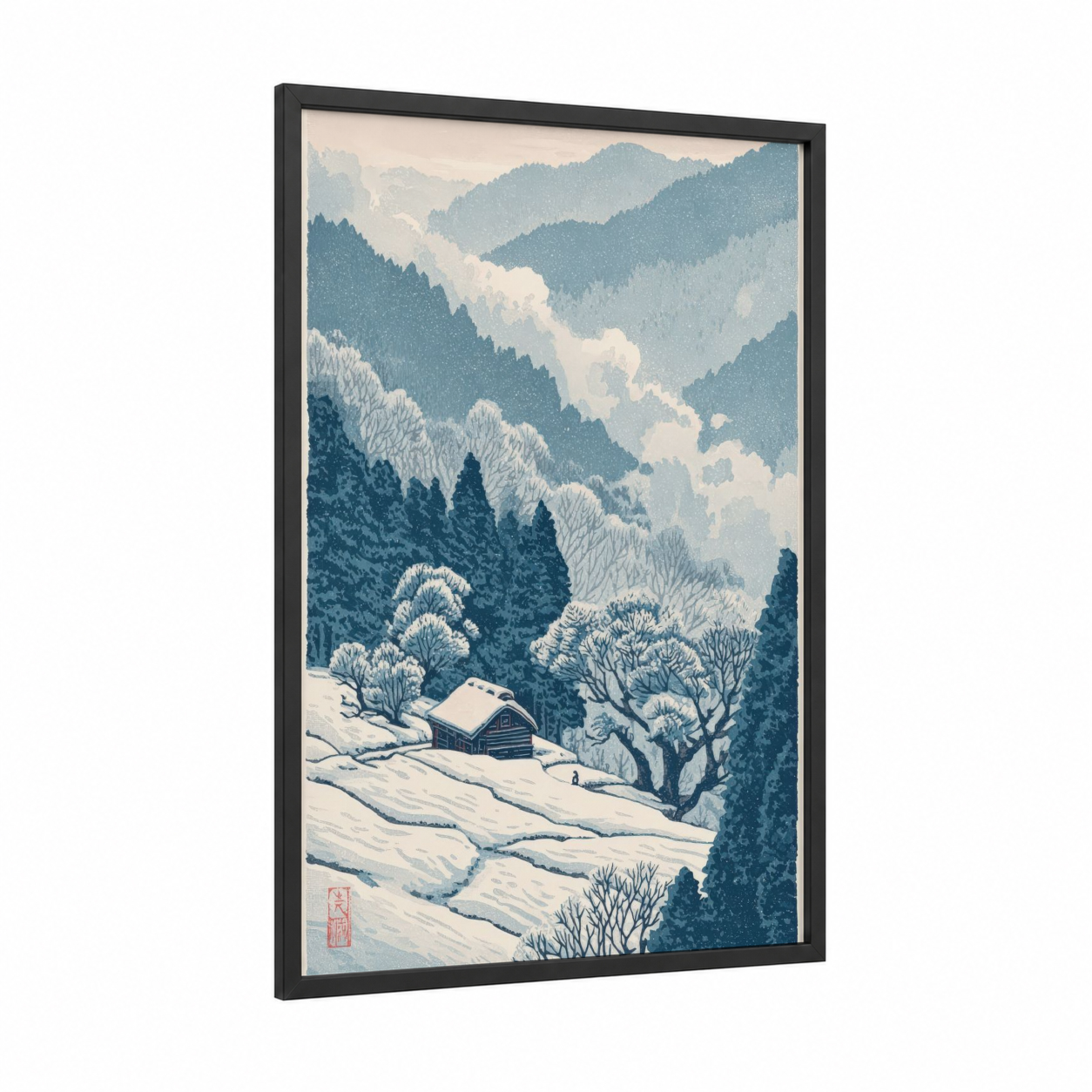 Snowy Ridge Vista framed blue ridge mountains print — black wood frame — blue and white and dove gray palette