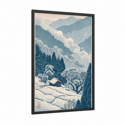 Snowy Ridge Vista framed blue ridge mountains print — black wood frame — blue and white and dove gray palette