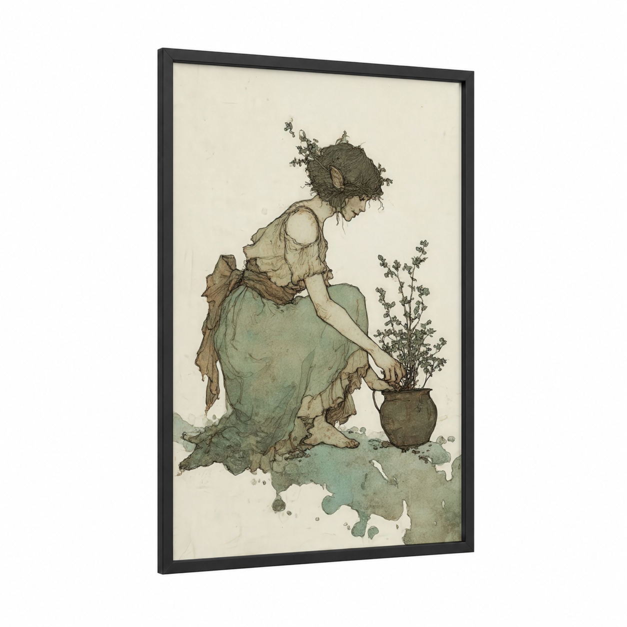Nurturing Gardener framed herbs print — black wood frame — green and beige palette